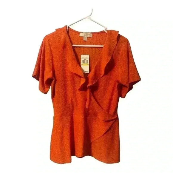 Michael Kors Burnt Orange Ruffled V-Wrap Top, Medium - Picture 1 of 5